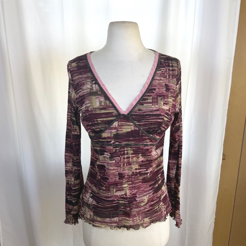 Vtg Y2K Liz Claiborne Purple V Neck Babydoll Sheer Sleeve Mesh Blouse Sz Medium